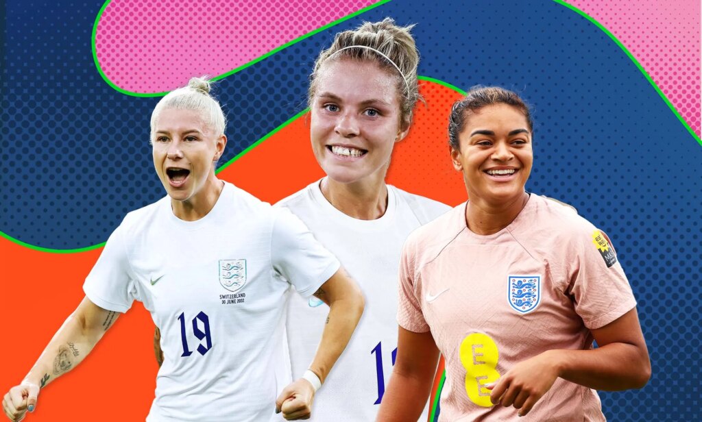 Out LGBTQ+ England Lioness footballers Bethany England (left), Rachel Daly (centre) and Jess Carter (right)