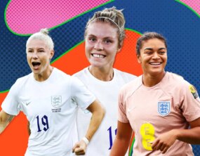 Out lgbtq+ england lioness footballers bethany england (left), rachel daly (centre) and jess carter (right)