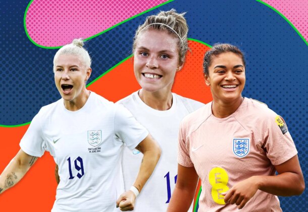 Out LGBTQ+ England Lioness footballers Bethany England (left), Rachel Daly (centre) and Jess Carter (right)