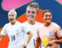 Out LGBTQ+ England Lioness footballers Bethany England (left), Rachel Daly (centre) and Jess Carter (right)